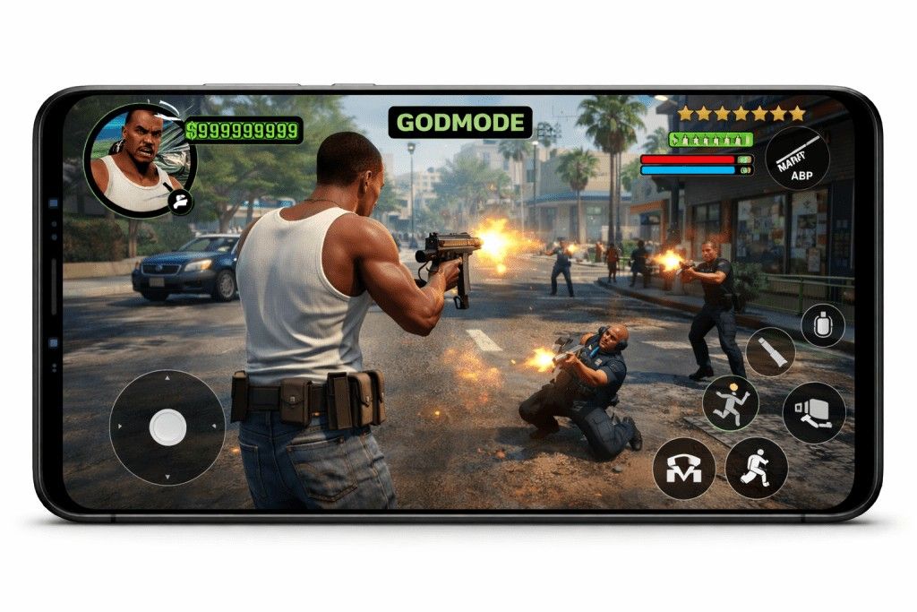 Gameplay showing unlimited money and unlocked weapons in GTA SA Mod APK.