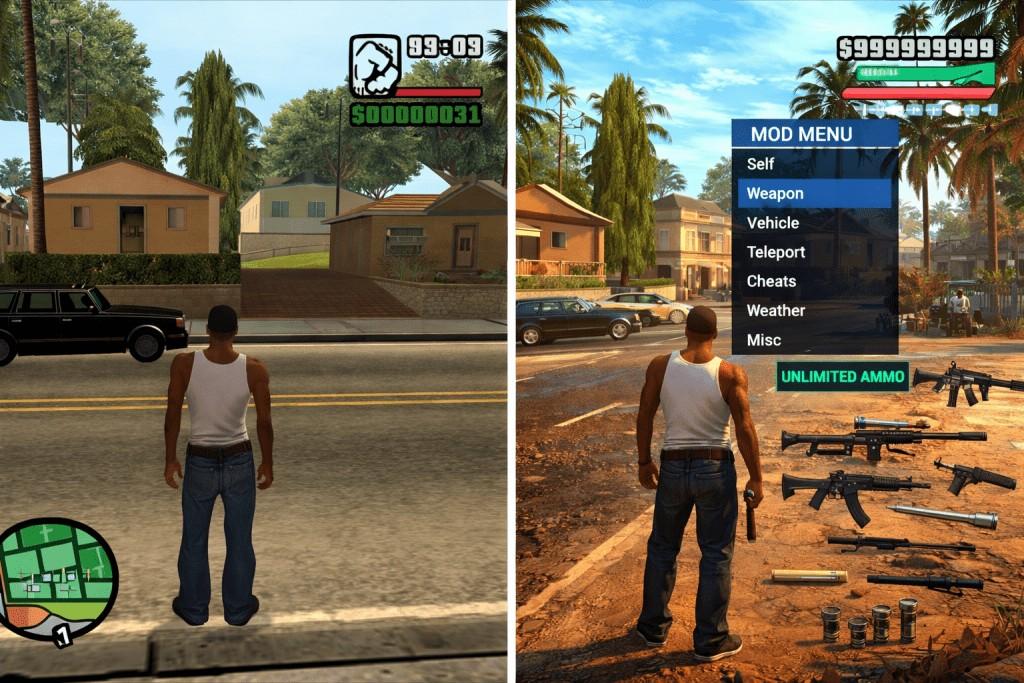 Original vs mod APK showing unlimited money and unlocked weapons