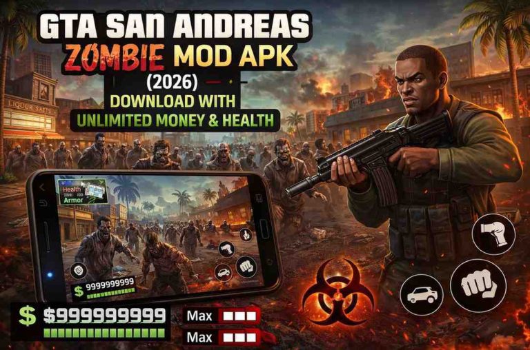 GTA San Andreas zombie mod APK Android scene with character fighting zombies and mod menu features
